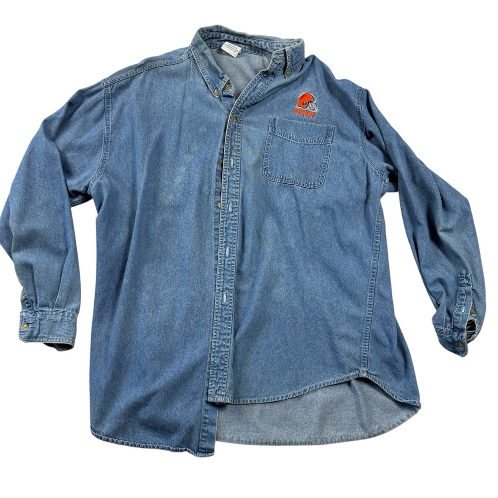 CSA Size XL 100% Cotton Denim Button-Up Long Sleeve Shirt Collared Browns Logo